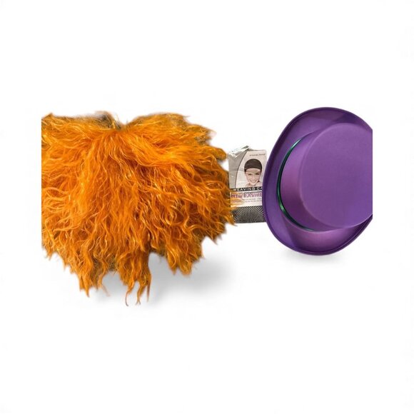 Purple Top Hat With Green Satin Band & Orange Curly Wig Costume Set For Adults - Picture 3 of 3